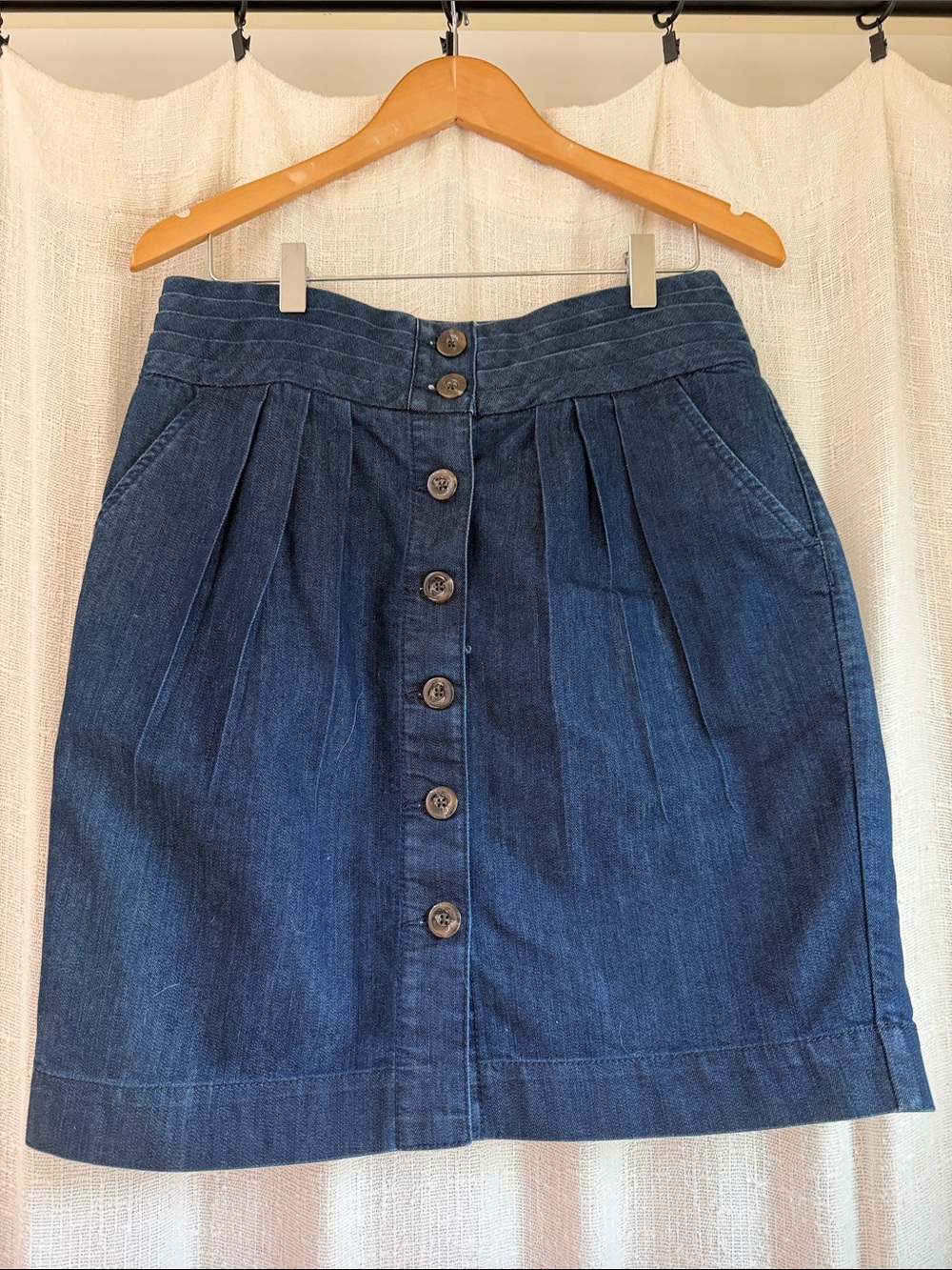 Pilcro and the Letterpress Indigo Button-Front Pleated Mini Skirt